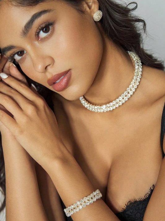 Kit Earrings + Necklace + Bracelet in Stainless Steel Crystal